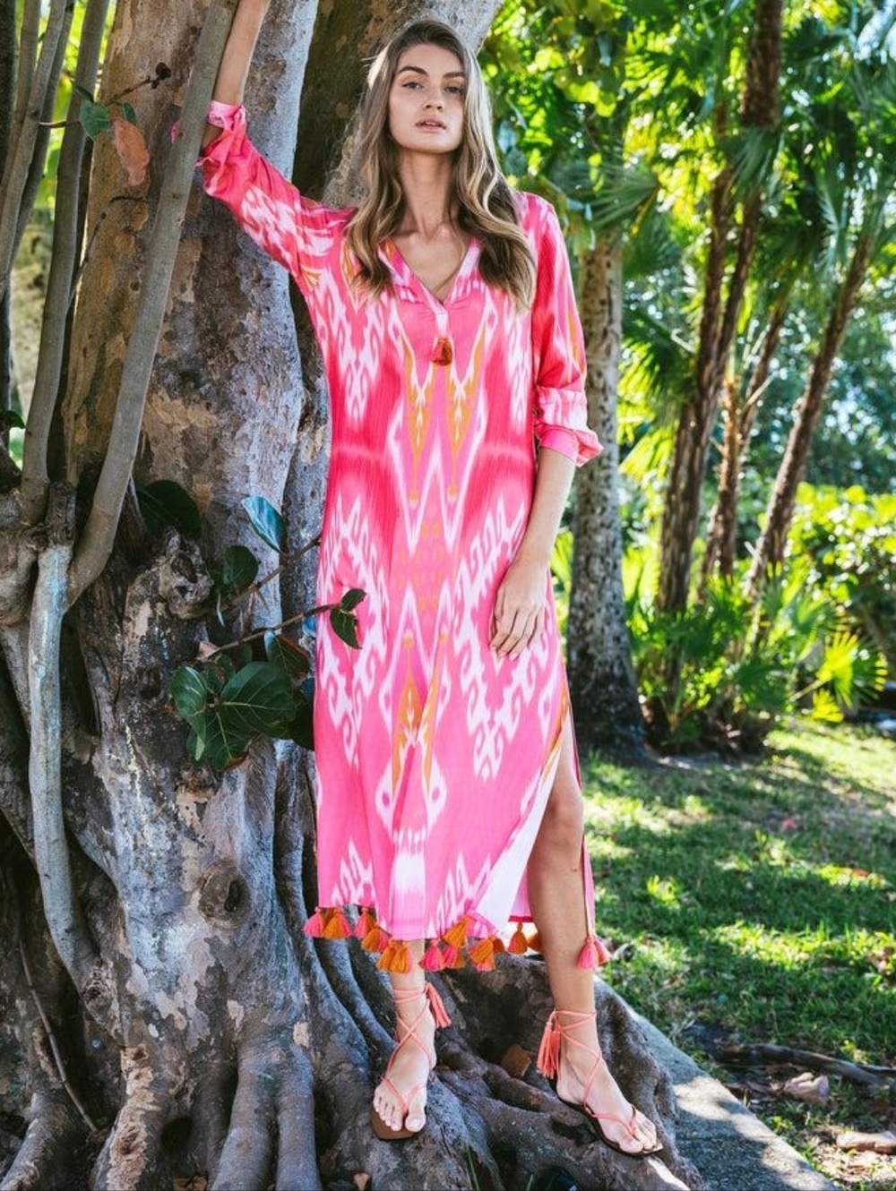 Figue Dress Margaux Salome Ikat Sunset Coral Tassel Kaftan Size L - Picture 5 of 16